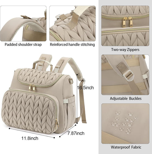Bevkois Backpack Small Diaper Bag Quilted Mini Baby Crossbody Diaper Bag Tote for Mom and Baby Girls Boys (Beige)
