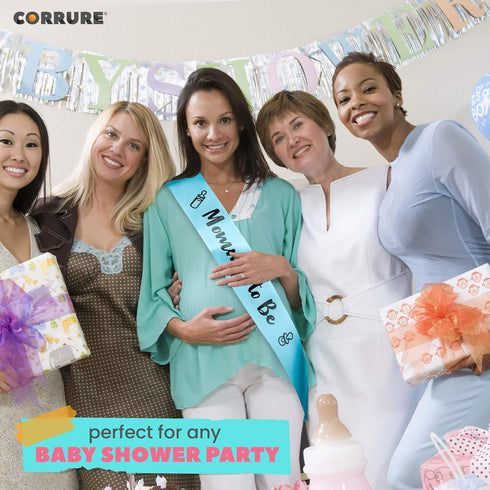 CORRURE Baby Shower Sash for Boy - 'Mommy to Be' with Blue Ribbon and Black Foil Text, Ideal for Gender Reveal