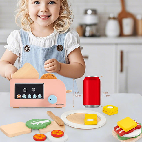 18-Piece Playset, 3+ Pillowhale Bagel & Toast Pop-Up Toaster Wooden Breakfast Montessori Kitchen Toy Includes Bagels