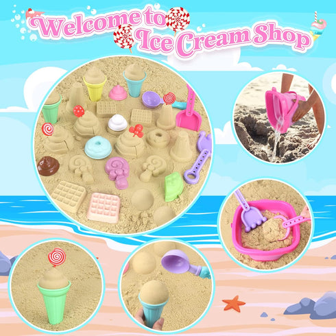 Collapsible Beach Toys Set for Kids, Sand Bucket and Shovels with Mesh Bag & Molds, Ice Cream Travel Toys