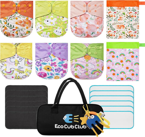 ECOCUBCLUB Reusable Washable Cloth Diapers 6pcs for Baby Shower,Leak-Proof Double Gussets Quick-Dry AWJ