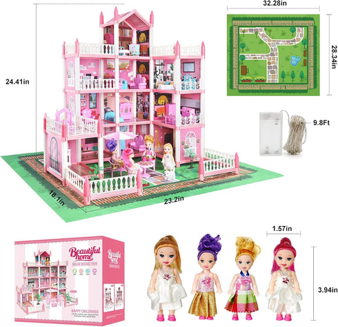 Doll House Set for Girls, Princess House Toys with 4 Dolls and 4-Story 11 Rooms for Kids