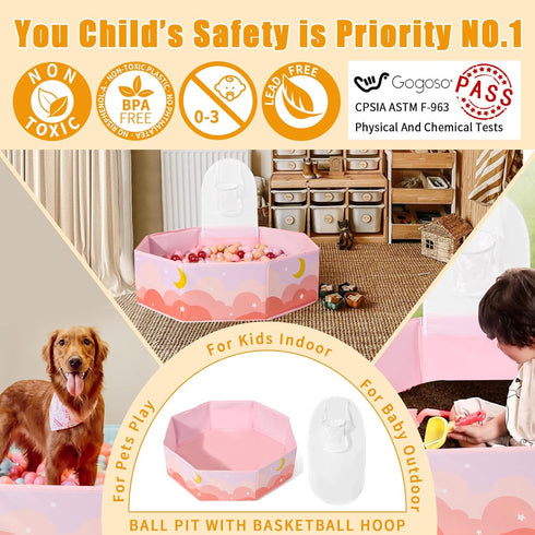 GOGOSO Large Pink Ball Pit for Toddlers, Sturdy Play Ball Pool with Basketball Hoop for Kids, Dogs, and Cats (Balls Not