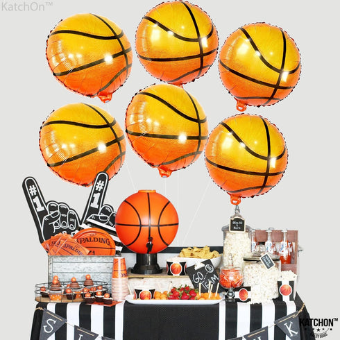 Katchon Orange Foil Basketball Balloons, 18 Inch, Pack of 6 for Basketball Birthday Party Decorations