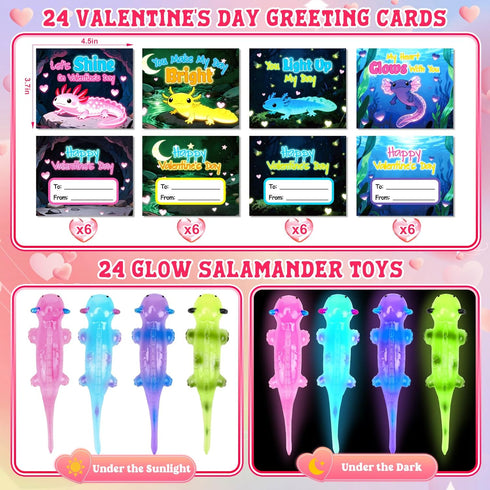Kids,24 Pack AuroTops Valentines Day Gifts for Glow in The Dark Axolotl Toys with Valentines Day Cards for Kids School