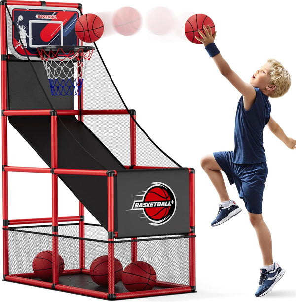 Basketball Arcade Game Indoor Outdoor, Kids Basketball Hoop with 4 Balls & Pump, Single Shot Basketball Game at Home,
