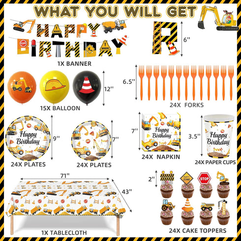 24 Construction Birthday Party Supplies for Guests - Decorations Include Plates, Napkins, Cups, Tablecloth, Cake