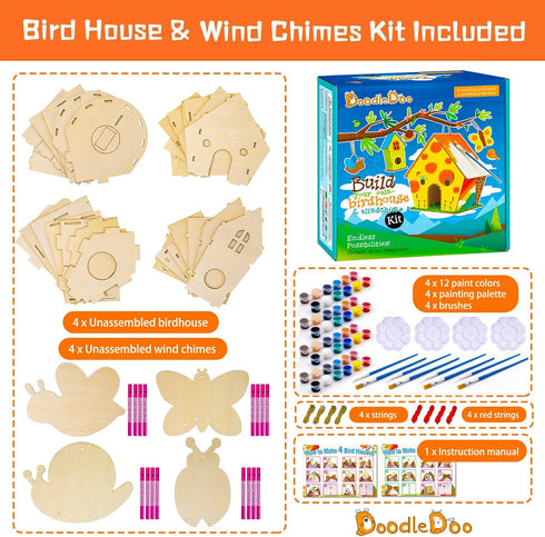 8 Pack 4-8 8-12, 3+ Summer DoodleDoo Bird House & Wind Chime Kits, Buildable Birdhouse DIY Crafts for Kids Ages Arts