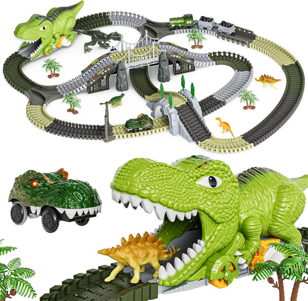 TUMAMA Dinosaur Toys Race Track, 281 Pcs Dinosaur Train Set for Kids 3-5 5-7, Flexible Tracks with 4 Dinosaurs, 2