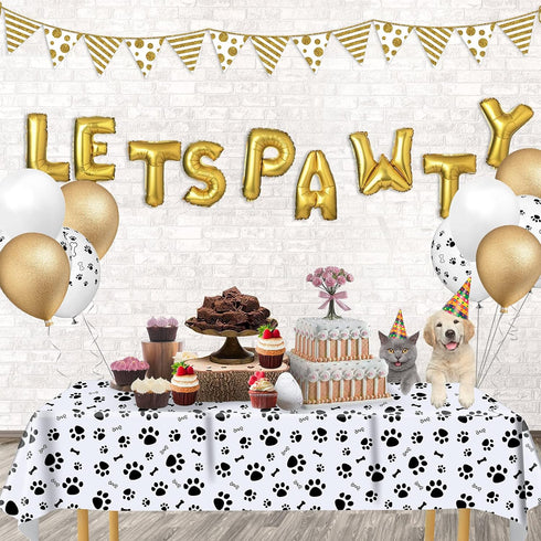 3 Pack Puppy Dog Paw Print Plastic Tablecloth, Large Disposable Rectangle Cover for Pet Birthday Party