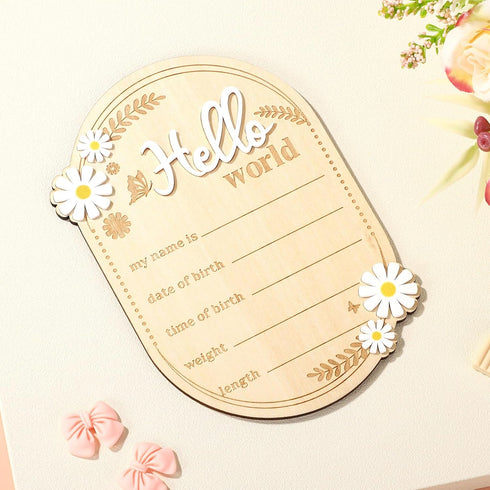Penitue Wooden Baby Announcement Sign, Hello World Newborn Birth Signs Cute Daisy Decors Welcome New Baby Arrival Name