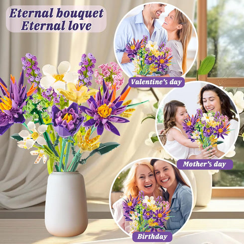 Flower Bouquet Building Set, 891PCS DIY Artificial Flowers, Birds of Paradise and Water Lily for Home Decor