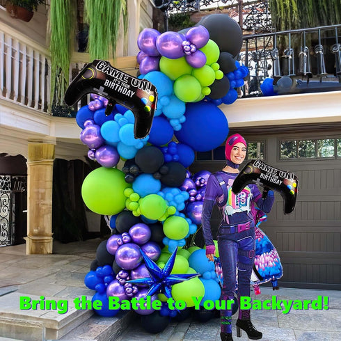 Video Game Balloon Garland Arch Kit - 140pcs Purple Blue Green Black Balloons with DIY Star Controller Mylar Balloon