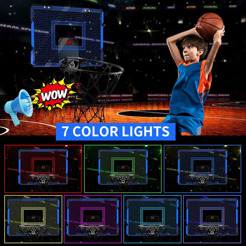 Basketball Hoop Indoor for Kids, Over The Door with LED Lighting & Audio Scoreboard, Mini Basketball Toys