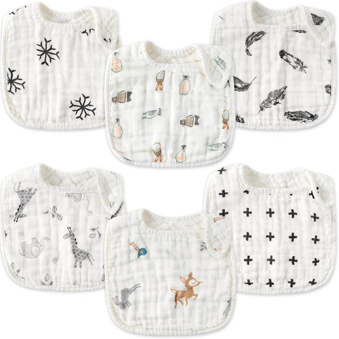 Zainpe 6Pcs Snap Muslin Cotton Baby Bibs, Adjustable Burp Cloths for Toddlers, Soft Drool Bibs