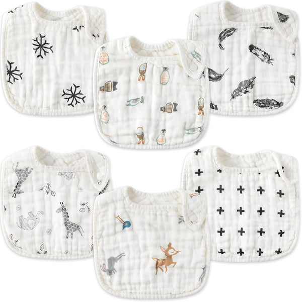 Zainpe 6Pcs Snap Muslin Cotton Baby Bibs, Adjustable Burp Cloths for Toddlers, Soft Drool Bibs
