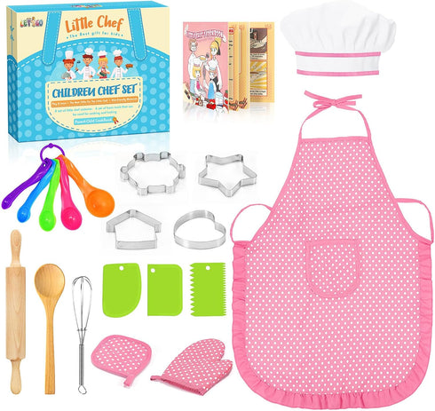 Kids Apron Kitchen Toys 20Pcs - Educational Cooking Baking Set with Cookbook & Chef Hat for 3-8 Year Old Girls