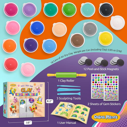 30 12 Drama Planet Make Your Own Clay Fridge Magnets Kit, Air-Dry Clay Crafts for Kids, Includes Instruction Book