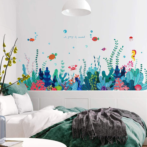Removable 3D Under The Sea View Grass Wall Decal, DIY Ocean Coral Seaweed Stickers for Kids Bedroom