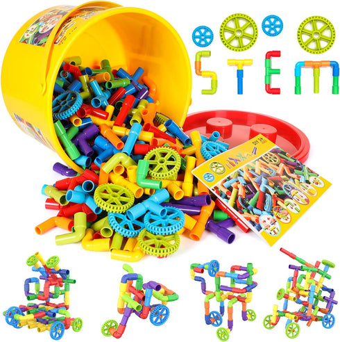 WishaLife 250 Pieces STEM Building Blocks Set - Kids Tube Locks Construction Set with Storage Box for Preschool Learning