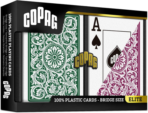 Copag 1546 Design 100% Plastic Playing Cards, Bridge Size (Narrow) Green/Burgundy (Jumbo Index, 1 Set)