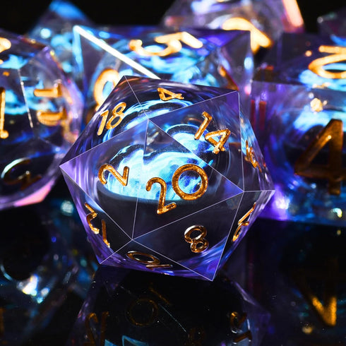 AUSTOR 7 Pieces Blue Flame Dragon Resin Dice Set - DND Dice for Role Playing Dungeons and Dragons with Case