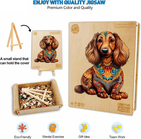 Wooden Puzzle for Adults, Long-Haired Dachshund Dog Jigsaw Puzzle, Unique Shape Animal Wood Puzzles