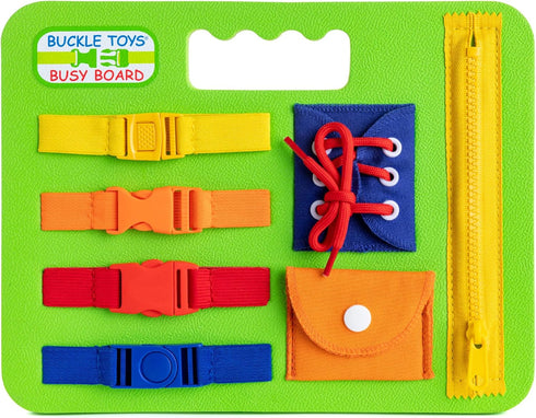 Buckle Toys Green Busy Board for 1 Year Old Toddlers, Montessori Travel Essentials for Kids to Develop Fine Motor Skills