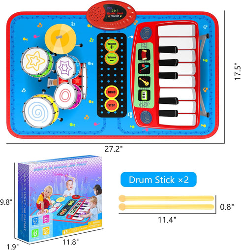 2-in-1 Musical Mat Toys - Piano Keyboard & Drum Set with 2 Drum Sticks for 1-5 Year Old Boys & Girls, Blue