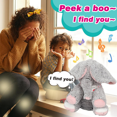 Cuteoy Peek A Boo Elephant Interactive Plush Toy with Moving Ears Musical Singing Talking Stuffed Animal Adorable