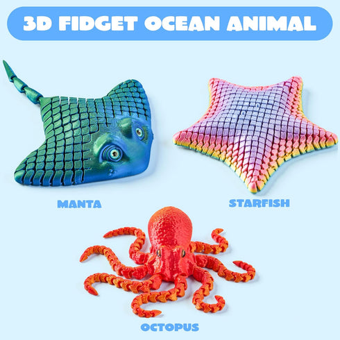 3 3D 3D 3D 3D JOYIN Pcs Printed Fidget Toys, Articulated Printed Octopus, Ray & Starfish, Flexible Printed Sea