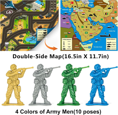 100 Pcs Army Men Toys for Boys with Map in Bucket, World War II WW2 Military Toy Soldier Action Figures Battlefield Playset and Accessories