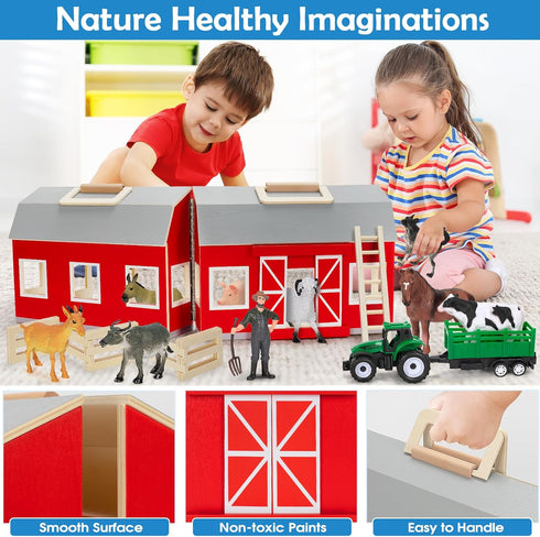 3+ Playset YEEBAY Farm Animals Toys for Year Old Kids Toddlers Girls Boys, Large Wooden Barn with Animal Play Figures