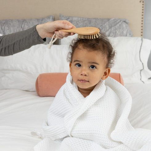 Set Natural Baby Brush - Wooden Brushes and Comb With Boho Travel Bag for Girl or Boy - Soft Goat Hair Brush for Cradle