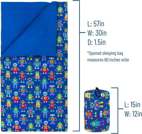 Wildkin Kids Sleeping Bags for Boys and Girls, 57 x 30 x 1.5 Inches, Cotton Blend, Ideal for Camping & Parties (Robots)