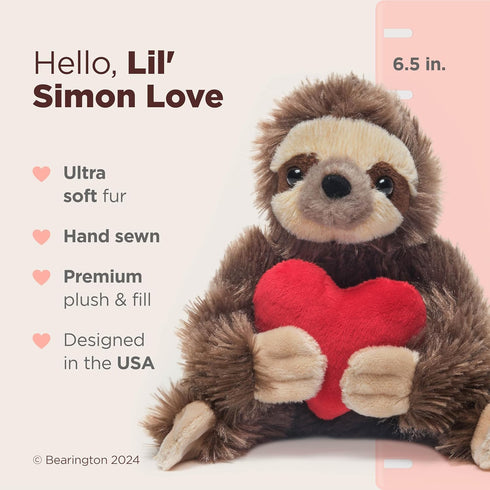 6.5 Inch Bearington Lil Simon Love Sloth Stuffed Animal - Cute Plush Toy for Girls & Kids - Unique Sloth Plush