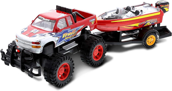 Mozlly Monster Truck Toys Set with Trailer Toy Boat - Friction Powered