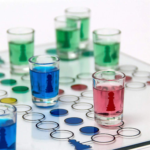 Ludo Drinking Game (Parcheesi) with 16 Shot Glasses, 2 Dice & Glass Game Board