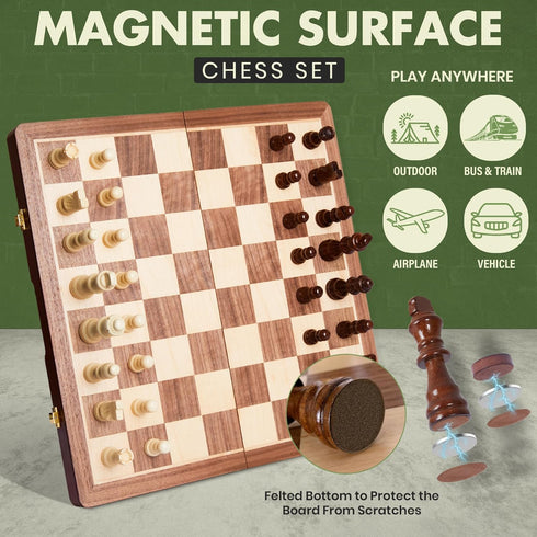 ECOCRAFTER 15'' 2 1 set (2 set Sets in Wooden Magnetic chess and checkers Extra Queens, Foldable Chess & Cotton Storage