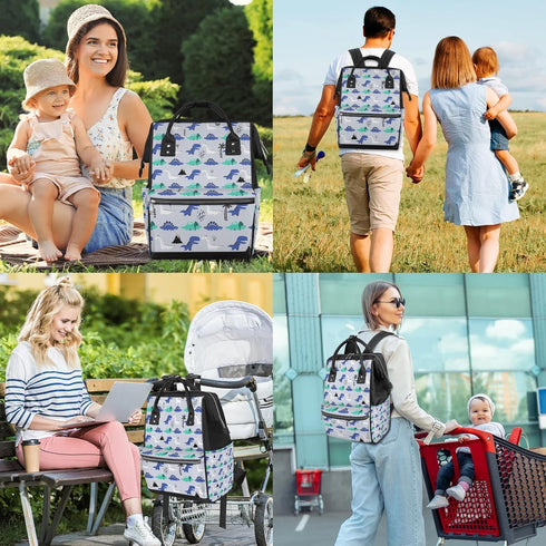 Honeybaby Backpack 19L Diaper Bag for Mom & Dad Cartoon Dino Dinosaurs Large Diaper Bag Tote with Multi-Pocket