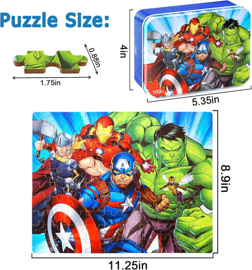LELEMON 100 Piece Avengers Jigsaw Puzzle for Kids Ages 4-8, Portable Metal Storage Box, Educational Toy