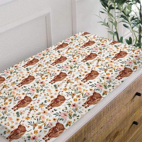 Highland Cow Boho Floral Changing Pad Cover for Baby Girls, Soft Stretchy Fitted Diaper Change Table Covers 32"/34" x