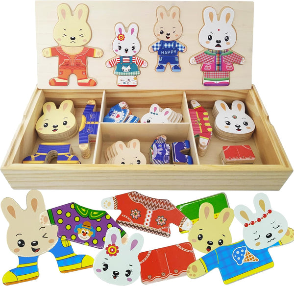 Wooden Bunny Family Dress-up Puzzle Box for Toddlers (72pcs) - Change Clothes Puzzle Games for Kids Ages 3+