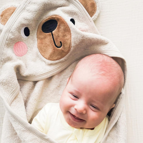 Set 100% (33" 33") CuddleBug Premium Hooded Baby Bath Towel & Washcloth (Bear) - Cotton Terrycloth Hooded Baby Towels
