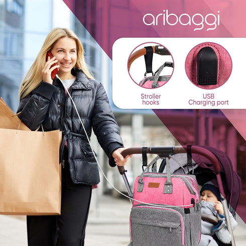 ARIBAGGI Backpack Backpack Grey Pink Baby Diaper Bag with Changing Station for Boy & Girl, Multifunction Large Diaper
