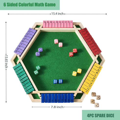 6 12+4 6 Vamslove Shut The Box Game for Player with Dice - Colorful Sided Wooden Board Math Number Games for Kids