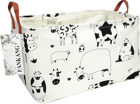 FANKANG Storage Basket, Nursery Hamper Canvas Laundry Basket, Foldable with Waterproof Coating (L, Rec-cows)