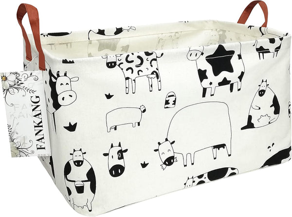 FANKANG Storage Basket, Nursery Hamper Canvas Laundry Basket, Foldable with Waterproof Coating (L, Rec-cows)