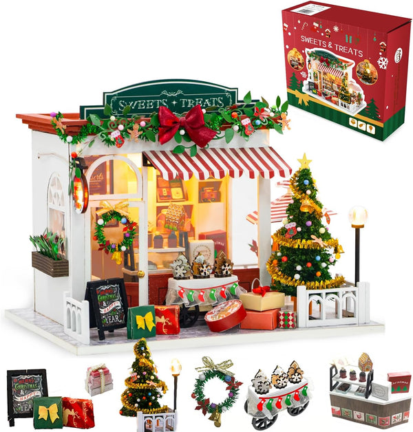 Yeconire Christmas Miniature Dollhouse Kits, DIY Miniature House Kit, Tiny House with LED,