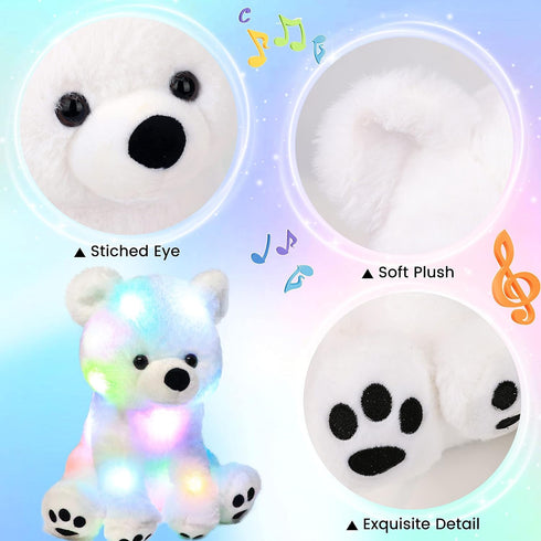11'' Hopearl LED Musical Stuffed Polar Bear Lighting Up Singing Plush Toy Adjustable Volume Lullaby Animated Soothe